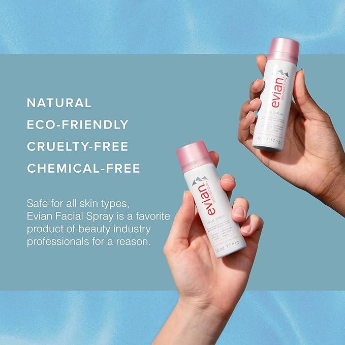 Evian Facial Spray, 1.7 oz. Travel Duo - Instantly Hydrate - Refresh Skin - Revive Makeup - TSA Compliant - All Skin Types - French Alps Skincare