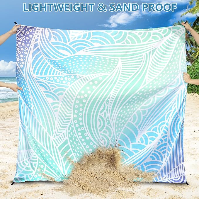 Beach Blanket Waterproof Sandproof Beach Mat 79βx 83β for 1-4 Adults Quick Drying Durable Outdoor Picnic Mat for Beach Festival Travel Camping Hiking (Gradiant Blue-Ripple, 79"Γ83"(4 Person))