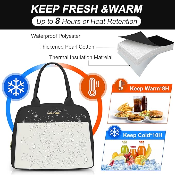 LOKASS Lunch Bag for Women-Insulated Adults Lunch Box with Front Pocket- Small Cute Lunch Tote for Work-Reusable Cooler Bag for Office Picnic Beach or Travel(Black)