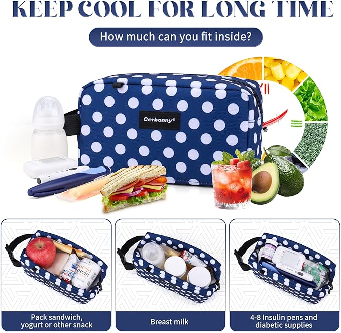 Cerbonny Small Cooler Bag Freezable Lunch Bag for Work School Travel,Small Lunch Bag,Small Insulated Bag For Adults/Kids,Freezer Lunch Bags,Mini Lunch Bag Fit For Yogurt(Blue with white dots)