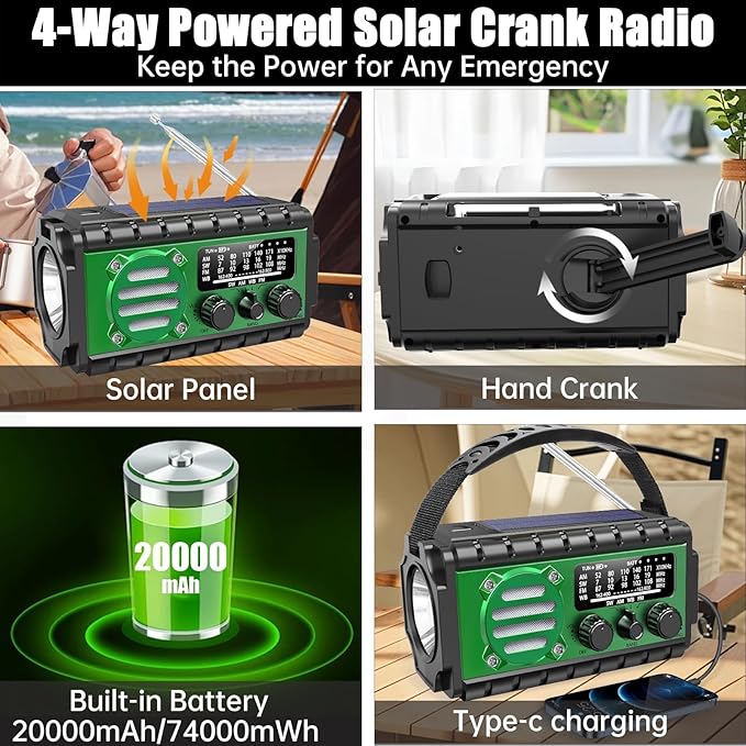 20000mah Emergency Radio, SW/NOAA/AM/FM Weather Radio, Solar Powered Hand Crank Chager with Bige Batery Powered,Portable,Cellphone Charge,SOS,Flashlight for Emergency/Home