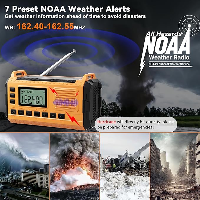 Emergency Weather Radio - AM/FM/NOAA Hand Crank Radio with 15W Fast Charge, 40000mAh Portable Solar Power Bank, Multi-Function Flashlight & SOS Alarm for Outdoor Indoor Emergencies (Orange)