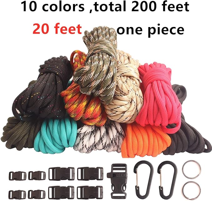 Paracord,Paracord 550 Combo Crafting Kits with 5 Types Buckles,20 Feet Each Paracord Rope (Light Rainbow Set 200feet) (C-Set)