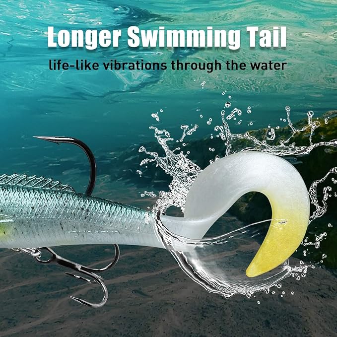 NRVBaits Pre-Rigged Soft Lures, Fishing Lures for Bass Trout Crappie Walleye, Unique Vibrating Swim Action and Trembly Sinking Move for More Bites, Soft Swimbait for Family Fishing