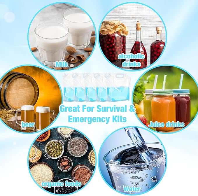 Zubebe 20 Pcs x 1.3 Gallon Collapsible Water Emergency Container Bag 26 Gallon Freezable BPA Free Food Grade Clear Plastic Storage Foldable Bottle for Camping Riding