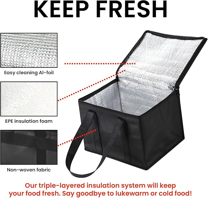 NZ home Small Insulated Cooler Bag and Food Warmer for Delivery & Grocery Shopping with Zippered Top, Black (1 Pack)