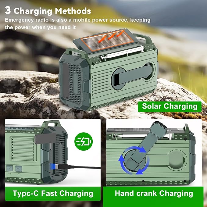 Emergency Weather Radio - AM/FM/NOAA Hand Crank Radio with 15W Fast Charge, 39800mAh Portable Solar Power Bank, Multi-Function Flashlight & SOS Alarm for Outdoor Indoor Emergencies (Green)
