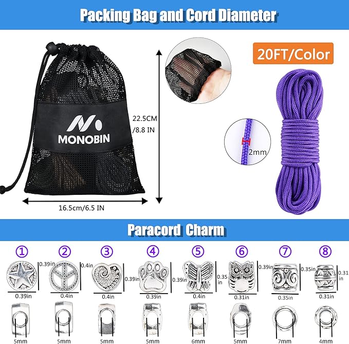 MONOBIN Micro Paracord,2mm 10Colors 20FT Paracord Combo Kit with Paracord Instructions and Charms for Making Paracord Bracelets, Lanyards, Jewelry Making