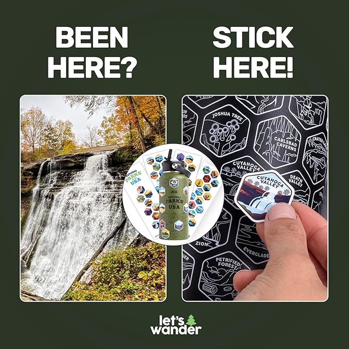 LET'S WANDER National Parks Water Bottle with 3 Lids & 63 Waterproof Stickers - 32oz Leakproof Insulated Stainless Steel with Straw - Parks of the USA Hiker Bucket List Gift Bottle (Green)