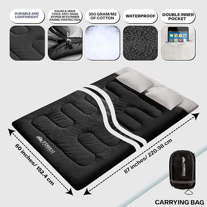 IFORREST Double Sleeping Bag for Adults - 2 Person Cold Weather(3-4 Seasons) Camping Bed, Extra-Wide & Warm - Queen Size XL