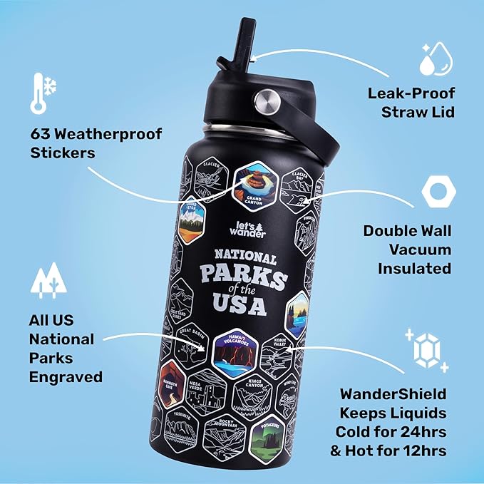 LET'S WANDER Original Lets Wander National Parks Water Bottle with 63 Waterproof Stickers - 32oz Leakproof Insulated Stainless Steel with Straw - USA Hiker Gift Bottle (Black)