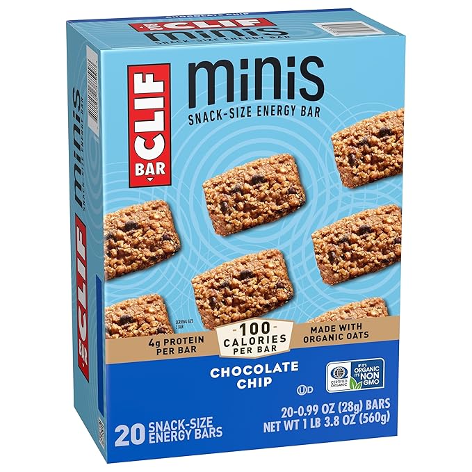 CLIF BAR Minis - Chocolate Chip - Made with Organic Oats - 4g Protein - Non-GMO - Plant Based - Snack-Size Energy Bars - 0.99 oz. (20 Pack)