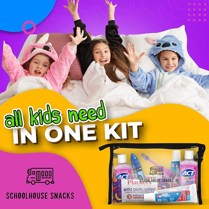 Kids Travel Size Toiletries Bag with Essential Oral Care Items - Bundled with Crest Kids Toothpaste, Travel toothbrush kids, ACT Mouthwash, Floss Packs - Ideal Essentials for Children