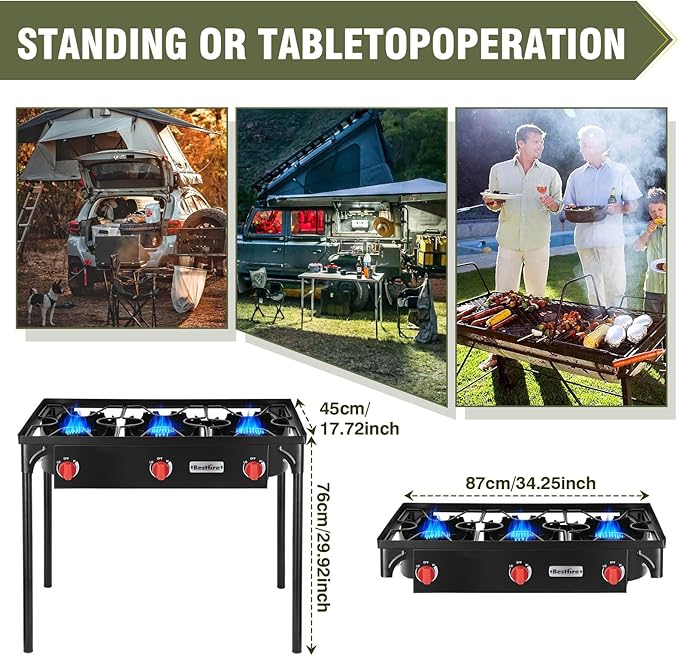 Bestfire 3 Burners Camping Stove for Cooking Outdoor, 225,000 BTU Propane Burners with Ignition wire&Removable Legs, Temperature Control Knobs and 20 PSIG High Pressure Regulator for BBQ
