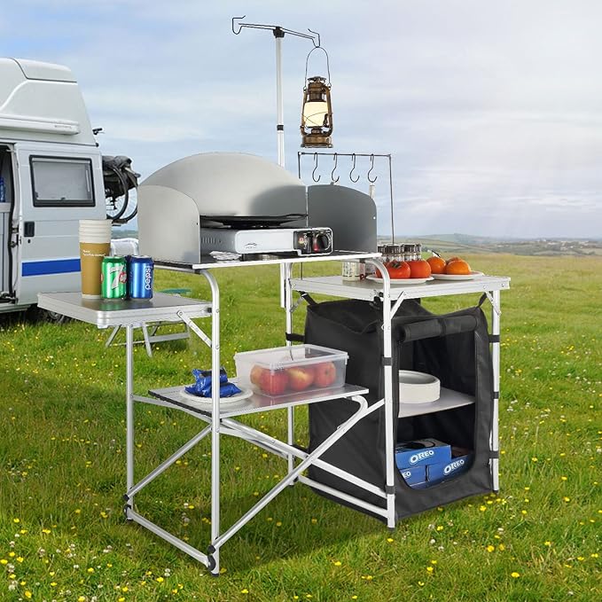 VEVOR Camping Kitchen Table, Aluminum Portable Folding Camp Cook Station with Windscreen, Cupboard, Storage Organizer, Carrying Bag, Quick Installation for Outdoor Picnic Beach BBQ RV Traveling, Black