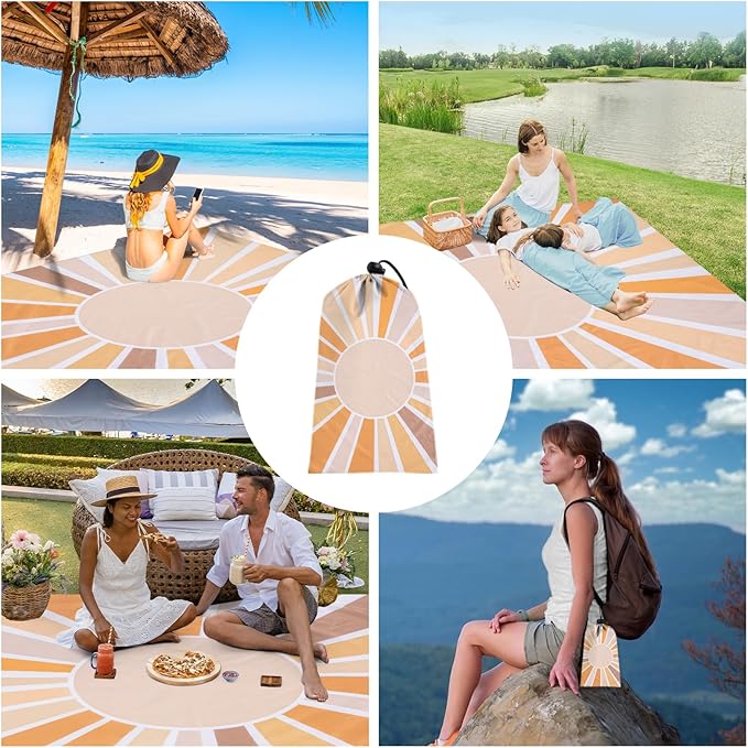 Beach Blanket Waterproof Sandproof, 10'X 9' Extra Large Oversized Beach Mat for 2-8 Adult, Quick Drying Lightweight & Compact Polyester Picnic Blankets for Outdoor, Travel, Camping, Hiking-Boho Sun