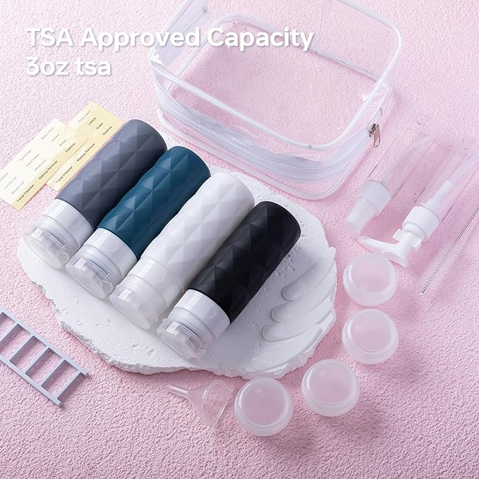 20 Pack Travel Bottles Set,Leak Proof TSA Approved Travel Size Containers, Silicone Squeezable Travel Essentials Jar Accessories for Conditioner, Shampoo, Lotion & Body Wash Accessories (Dark Color)