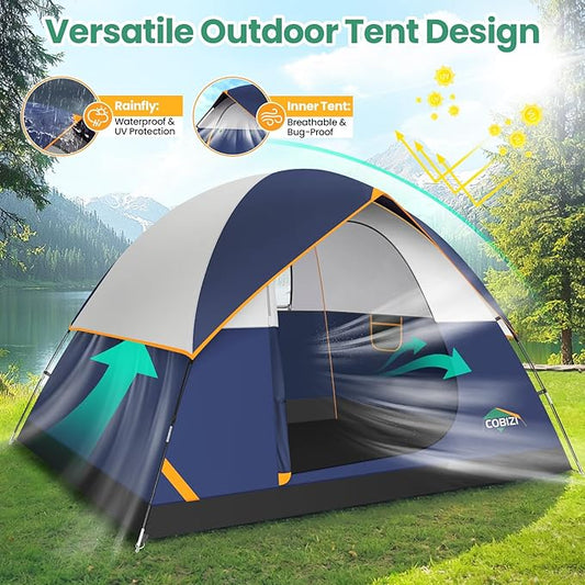 COBIZI Camping Tent, 4/6 Person Easy Setup Waterproof Windproof Backpacking Tent with Removable Rainfly, Lightweight Portable Outdoor Family Tents for Camping, Travel, Fishing, Hiking, Scouts