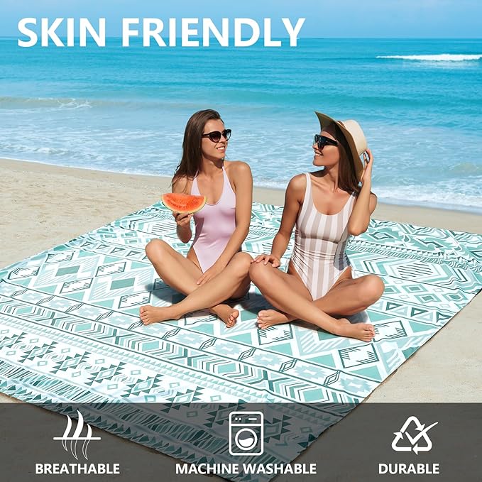 Beach Blanket, Sandproof Beach Mat, Waterproof Quick Drying Lightweight Outdoor Aztec Picnic Mat 79" X 83" for 2-4 Adults with Pocket for Travel, Camping, Hiking