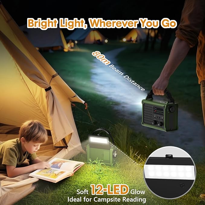 Raynic NOAA Weather Radio 12000mAh, Emergency Weather Radio with 2X Faster Solar & Hand Crank Charging, 5W Flashlight, Reading Lamp, Cell Phone Charger, SOS for Hurricane, Storm, Camping