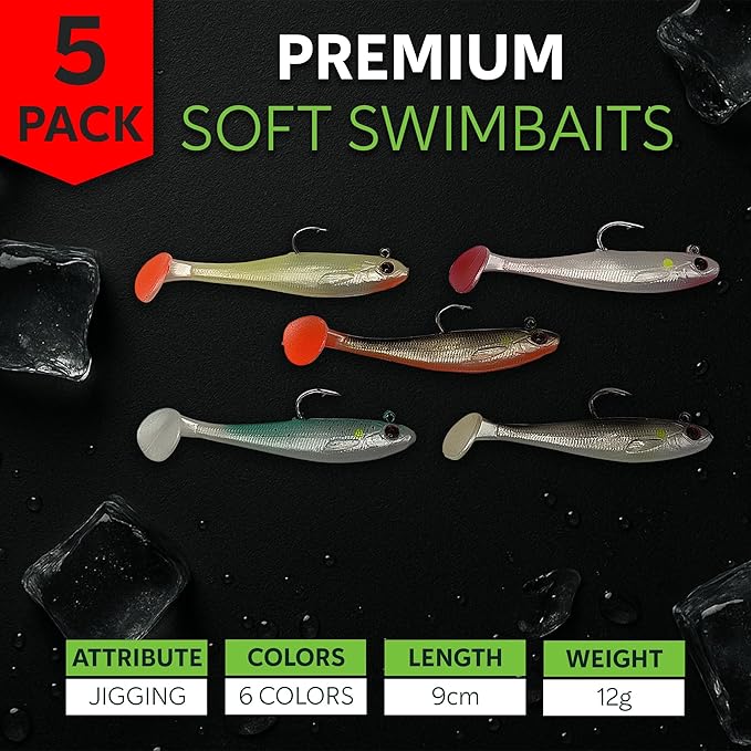 3 1/2" Pre-Rigged Jig Head Fishing Lures Pack of 5 - Soft Plastic Paddle Tail Swimbait with Hook for Freshwater and Saltwater