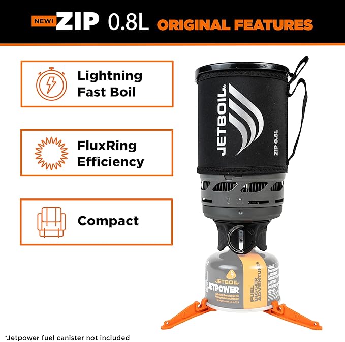 Jetboil Zip 0.8L Portable Fast Boil Stove with Easy-Turn Knob Igniter for Backpacking and Camping, New for 2025, Propane/Isobutane Burner with Cooking Cup
