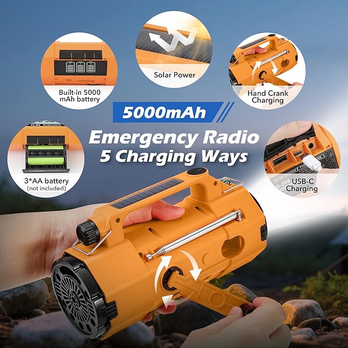 Emergency Weather Alert Radio FM/AM/SW/NOAA, Solar Hand Crank Radio with Replaceable Battery, USB-C Charging, Cell Phone Charger, SOS Alarm, Headphone Jack, Sleep Timer Clock for Survival