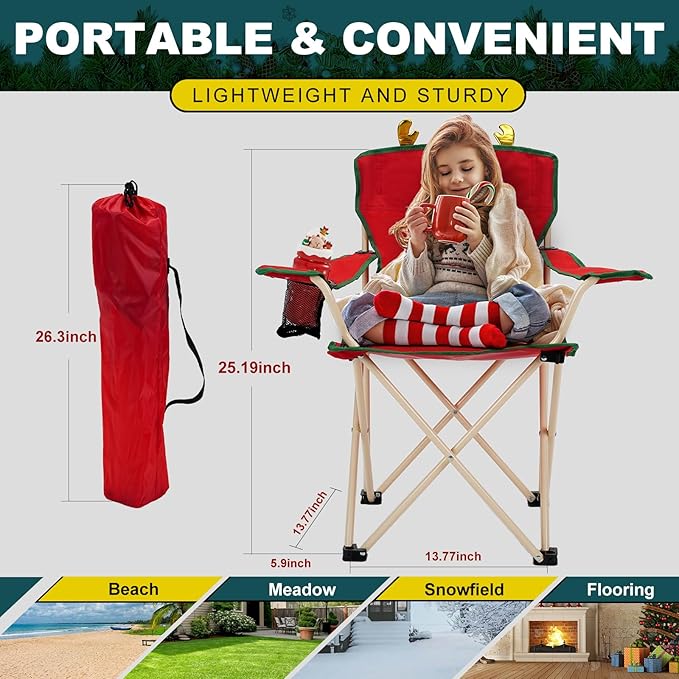 YOUNG WOOD Portable Camping Chair Beach Chair Outdoor Foldable Chair, Included Mesh Cup Holder & Safety Lock to Avoid Pinch Hand, Suitable for Christmas, Camp, Party, with Carrying Bag, Ages 2 to 7
