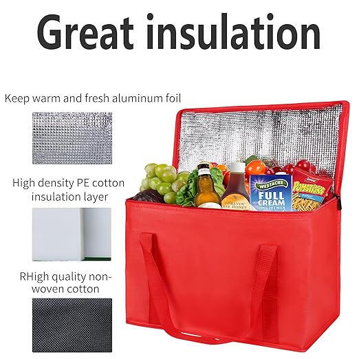 musbus beach bag with cooler Insulated insulation Grocery bags,shopping Red, Reusable, Heavy Duty, zipped zipper,Collapsible,tote,cooler,groceries,for car,Recycled Material Warm Foldable bag…