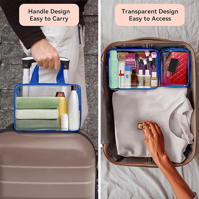 TISRATOK 10 PCS Clear Travel Makeup Toiletry Bag, Plastic PVC Cosmetic TSA Approved Organizer Kit with Zipper Handbag(Blue)