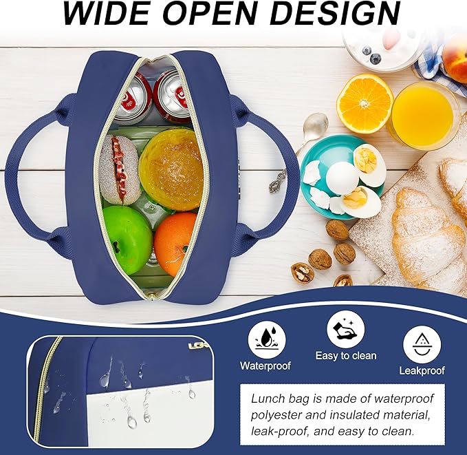 LOKASS Lunch Bag for Women-Insulated Adults Lunch Box with Front Pocket- Small Cute Lunch Tote for Work-Reusable Cooler Bag for Office Picnic Beach or Travel(Dark Blue)