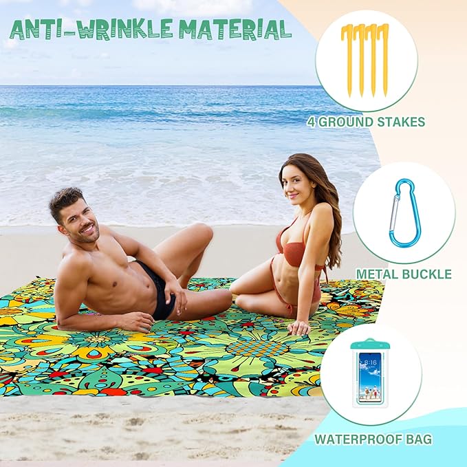Beach Blanket Waterproof Sandproof 1-7 Adult Oversized 78 '' × 81 '' Lightweight Durable Compact Sand Free Beach Mat for Travel Camping Hiking Picnic Blanket Extra Large