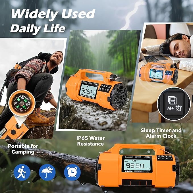 Emergency Weather Alert Radio FM/AM/SW/NOAA, Solar Hand Crank Radio with Replaceable Battery, USB-C Charging, Cell Phone Charger, SOS Alarm, Headphone Jack, Sleep Timer Clock for Survival