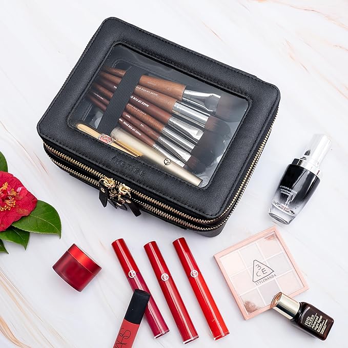 Aveniee Clear Makeup Bags, Double Layer Cosmetic Bags with Separate Brush Compartment, Large Travel Toiletry Bag Cosmetic Case, Travel Accessories Organizer for Women(2 Layers, Black)