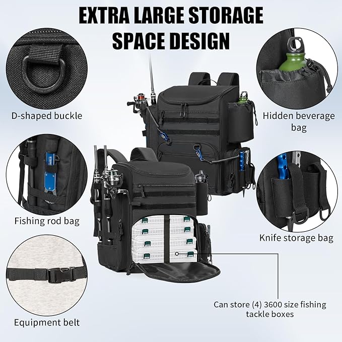 Fishing Tackle Backpack - Lightweight Outdoor Tackle Storage Bag - Water-Resistant Storage Fishing Gear and Equipment,Black