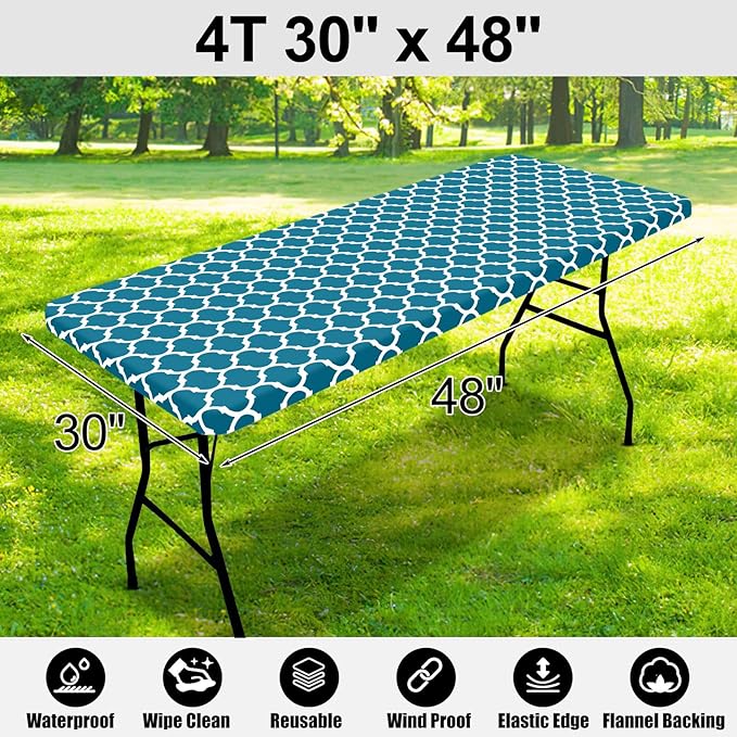 Smiry Rectangle Picnic Table Cover, Waterproof Elastic Fitted Camping Tablecloths for 4 Foot Tables, Wipeable Flannel Backed Vinyl Tablecloth Protector for Indoor, Outdoor (Turquoise, 30x48 Inches)