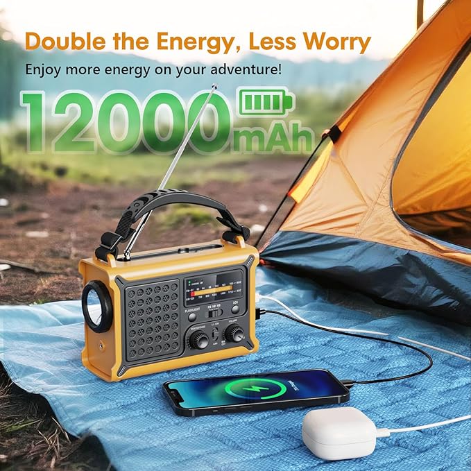 Raynic NOAA Weather Radio 12000mAh, Emergency Weather Radio with 2X Faster Solar & Hand Crank Charging, 5W Flashlight, Reading Lamp, Cell Phone Charger, SOS for Hurricane, Storm, Camping