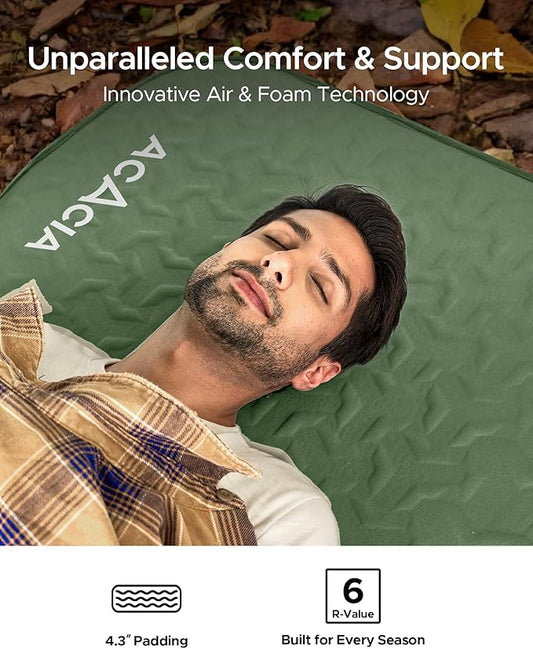 ACACIA 4.3" Thick Self Inflating Sleeping Pad with Foam | Innovative Y-Shaped Telescopic Structure | Ultraportable Camping Mattress | Outdoor Compact Air Mat for Tent Car |