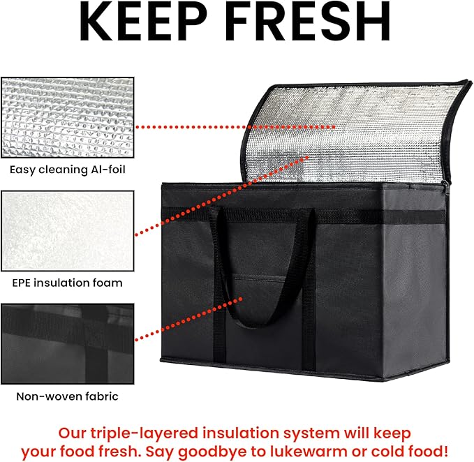 NZ home Insulated Cooler Bag and Food Warmer (XL Plus, 2 Pack) for Delivery & Grocery Shopping with Zippered Top, Gray