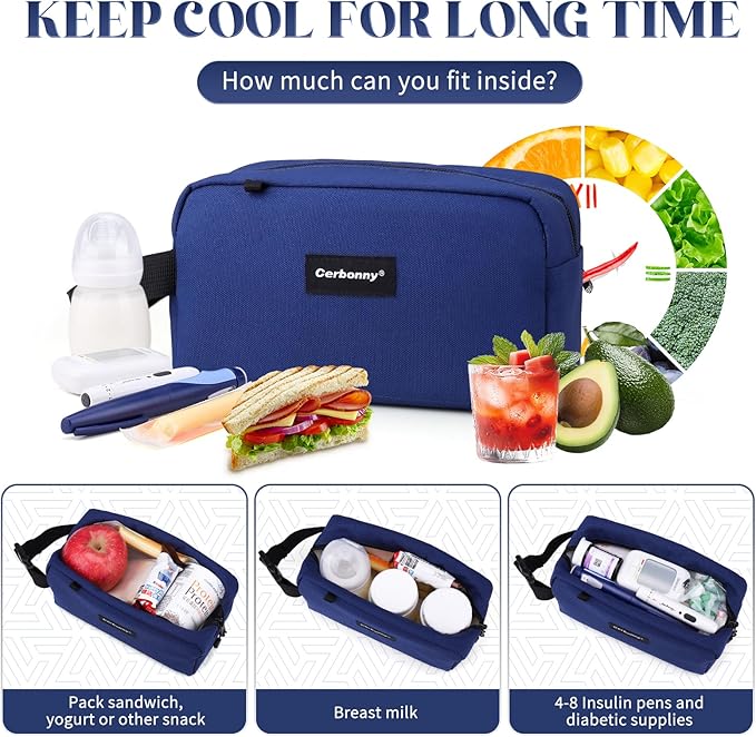 Cerbonny small lunch bag Freezable Lunch Bag for Work School Travel,Leak-proof Small Lunch Bag,Small Insulated Bag For Kids 3+/Adults,Freezer Lunch Bags,Freezable Snack Bag,Navy Blue(Larger size)