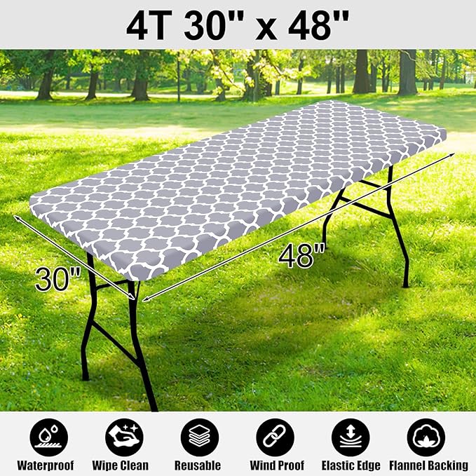 Smiry Rectangle Picnic Table Cover, Waterproof Elastic Fitted Camping Tablecloths for 4 Foot Tables, Wipeable Flannel Backed Vinyl Tablecloth Protector for Indoor, Outdoor (Grey, 30x48 Inches)