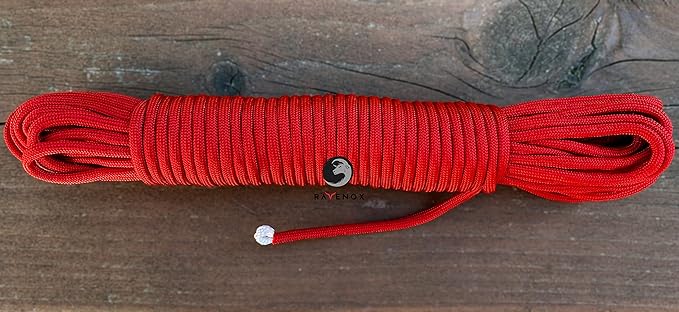 Ravenox Type III 550 Paracord | Genuine Military 550 Cord (Red)(100 Feet)| 7 Inner Strand, 100% Twisted Nylon Cordage | Parachute Cord Rope for Military, Survival, Outdoor Recreation | Made in USA