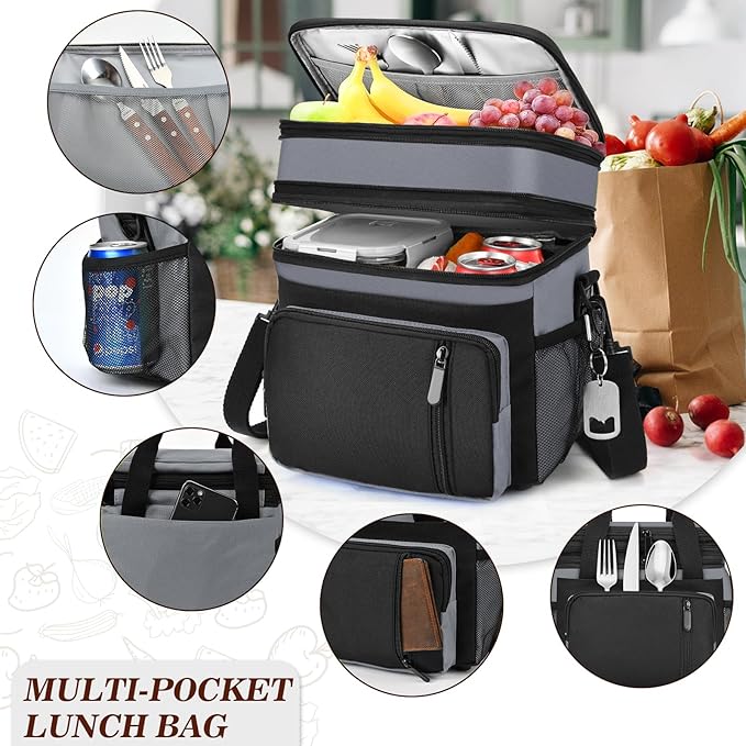 Lunch Box & Lunch Bag for Men Women, Large Insulated Adult Lunch Box, Leakproof Cooler Lunchbox with Bottle Opener for Work Picnic Beach, 16L, Gray