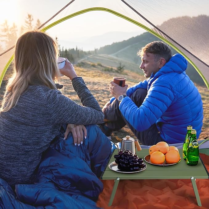 Small Folding Beach Table, Mini Ultralight Camping Table Aluminum, Backpacking Short Table, Green