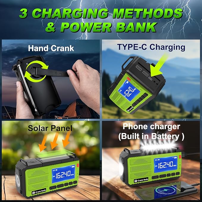 Emergency Weather Radio, Solar Hand Crank Radio AM/FM NOAA 37000mWh, Weather Alert Radio with 3 Mode Flashlight, Reading Lamp, SOS Alarm, Compass, Headphone Jack for Home Camping Emergency (Green)