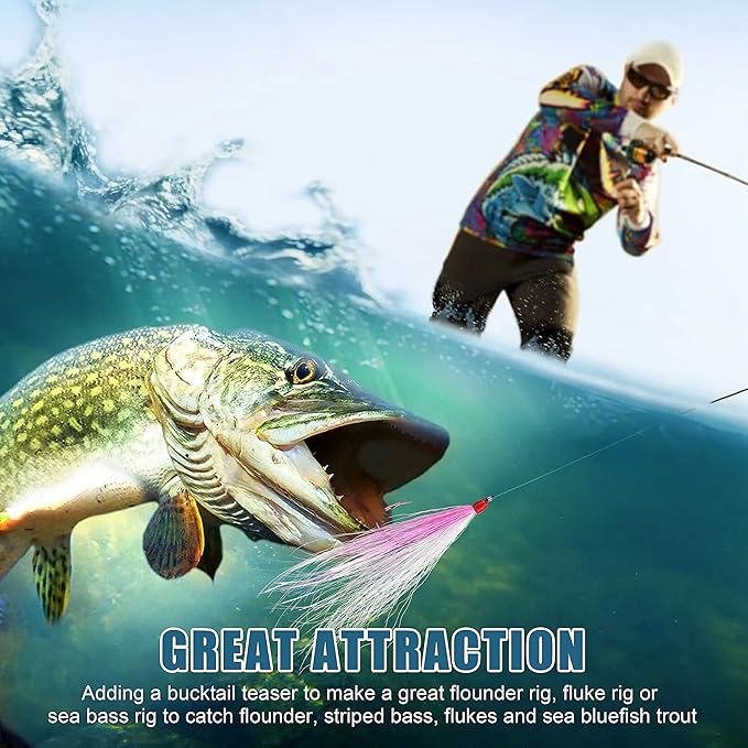 Fishing Bucktail Teaser Hooks,5pcs Saltwater Fishing Jig Teaser Lures with Carbon Steel Hooks Crystal Flash Flounder Rigs for Salmon Trout Sea Bass Steelhead