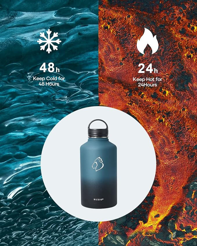 BUZIO 64 oz Water Bottle Insulated with Straw & 3 lid and Carrying Pouch, Leak Proof Half Gallon Stainless Steel Water Flask Jug, Cold for 48 Hrs Double Vacuum Thermo Canteen, BPA-Free, Indigo Crush
