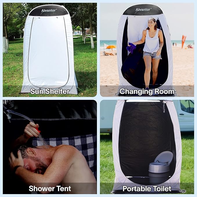 Alvantor Shower Tent Pop Up Changing Room Outdoor Shower Enclosure Pop Up Privacy Tent Toilet Tent Camping Dressing Portable Shelter Teflon Coating Fabric 4โx4โx7' Patent Pending, White
