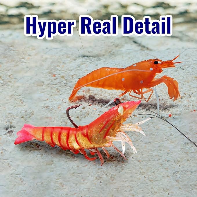 3Pcs Shrimp Fishing Lures for Saltwater and Freshwater Soft Bait Pre-Rigged Glow Eyes Lifelike Silicone Prawn Jig for Bass Trout Redfish Flounder Crappie Snook Walleye Fishing