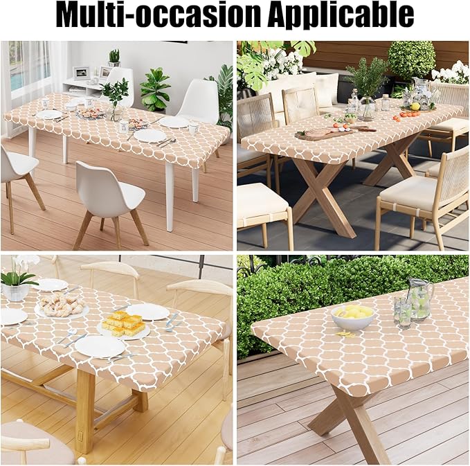 Smiry Rectangle Picnic Table Cover, Waterproof Elastic Fitted Camping Tablecloths for 8 Foot Tables, Wipeable Flannel Backed Vinyl Tablecloth Protector for Indoor, Outdoor (Khaki, 36x96 Inches)